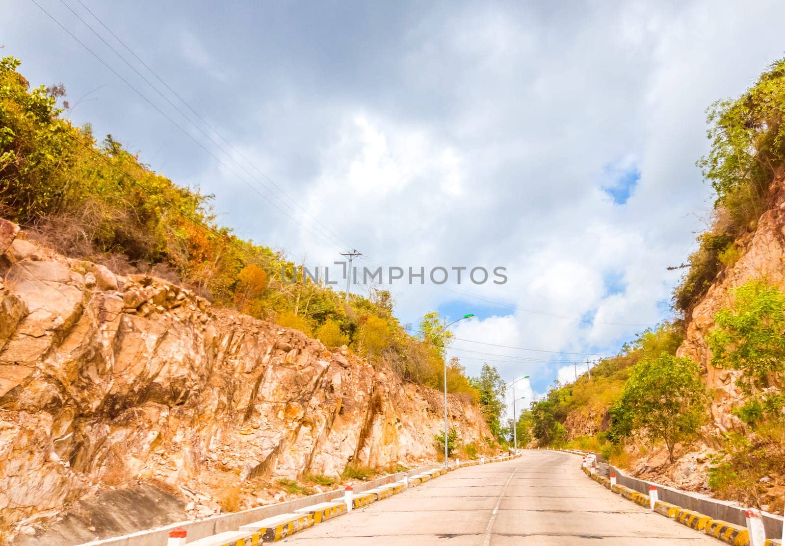 Bright sunshine day time Highway curve road overpass nature landscape background street tall lanterns trees bushes sideway.