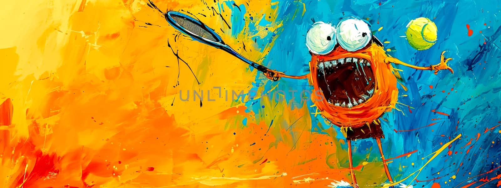 caricature of a tennis player with exaggerated features, mid-swing against a vibrant backdrop of splattered paint, symbolizing energy and movement.