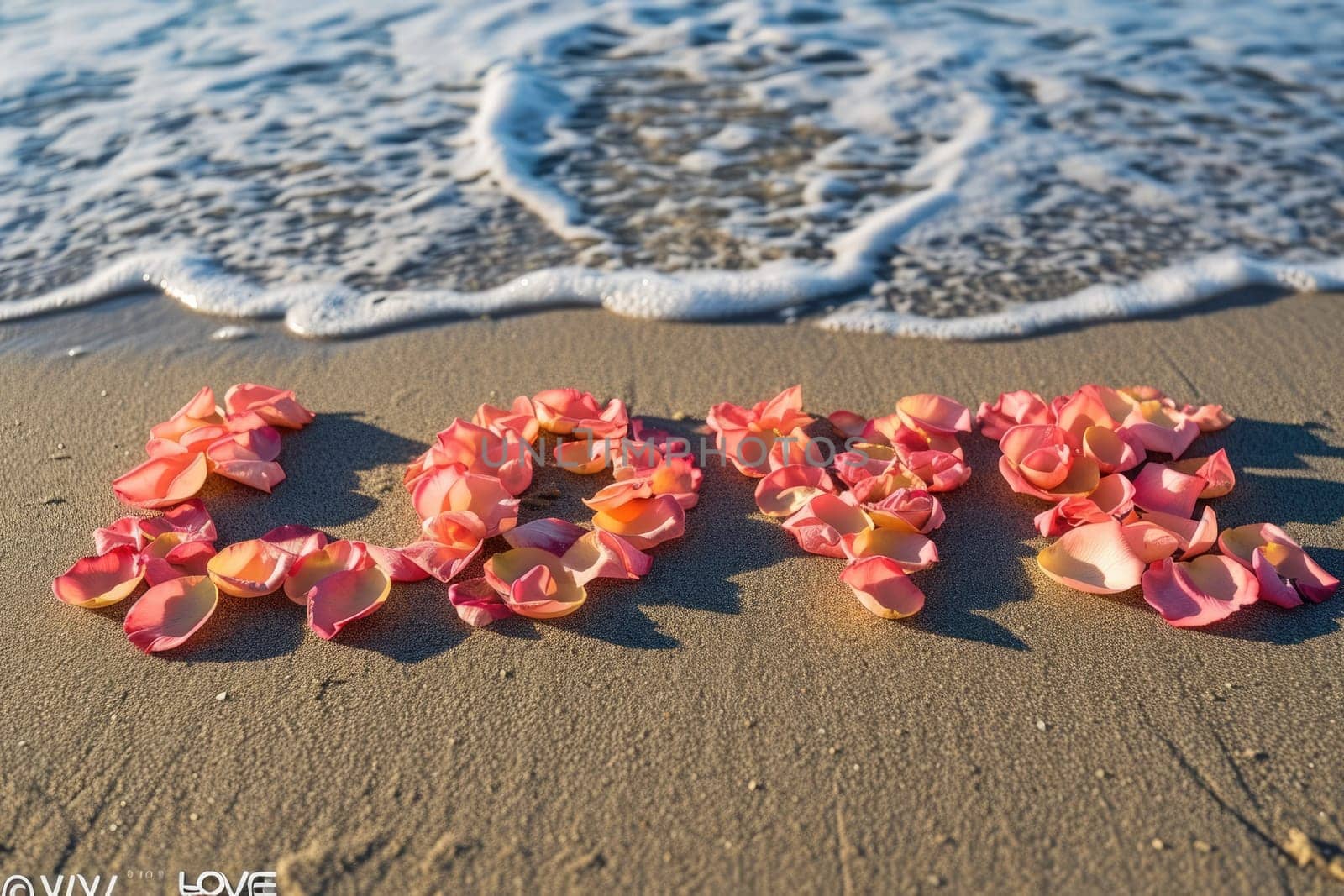 romantic beach of love rose petals on the coastline wide view pragma