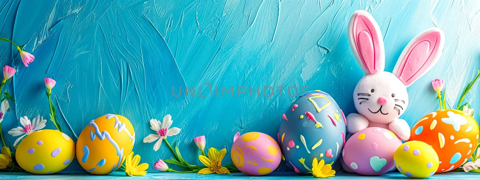 Easter bunny with painted eggs and spring flowers. copy space by Edophoto