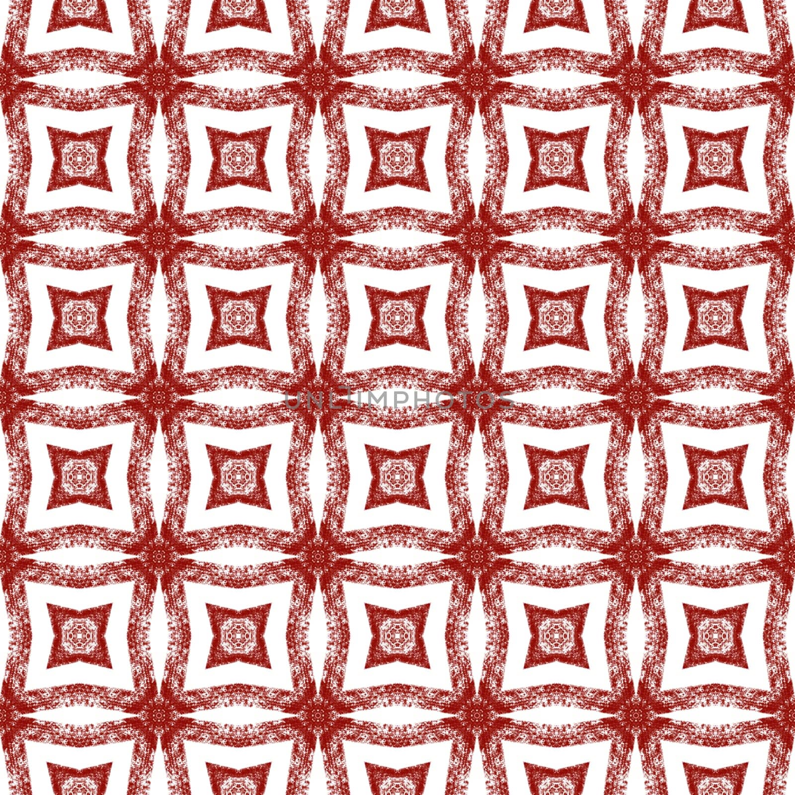 Ikat repeating swimwear design. Wine red symmetrical kaleidoscope background. Textile ready exquisite print, swimwear fabric, wallpaper, wrapping. Summer ikat sweamwear pattern.