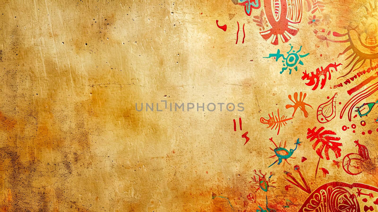 Ancient cave drawings on parchment, artistic symbols, copy space by Edophoto