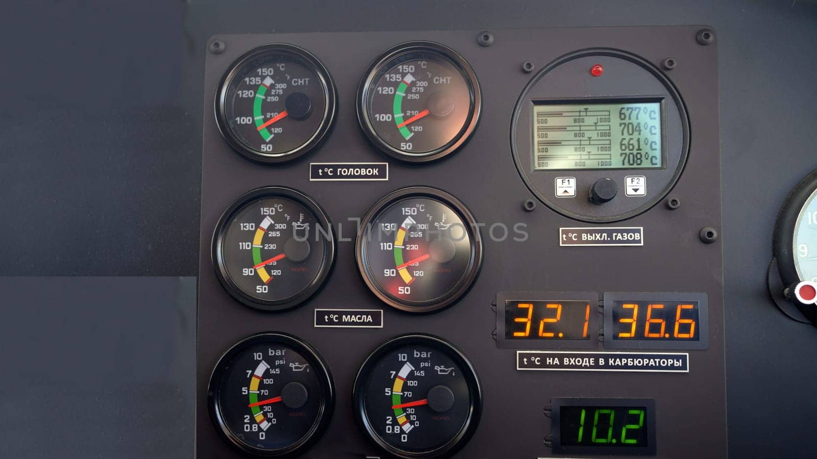 The instrument panel on board the aircraft. Indicators of aircraft instruments in the cockpit.
