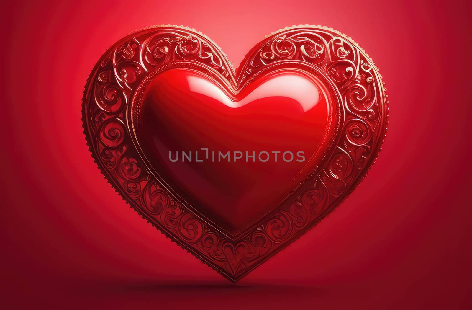 St. Valentines day, wedding banner with red voluminous heart on red background. Use for love sale banner, voucher, greeting card. Copy space. Beautiful love background for valentines day greeting card