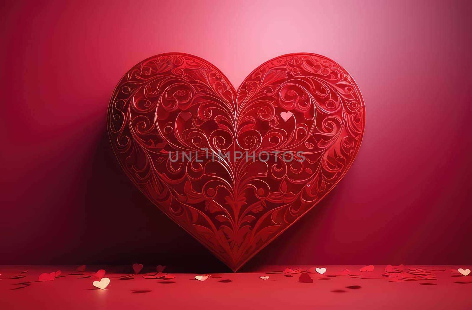 St. Valentines day, wedding banner with red ornamental heart on red background. Use for love sale banner, voucher, greeting card. Copy space. Beautiful love background for valentines day greeting card
