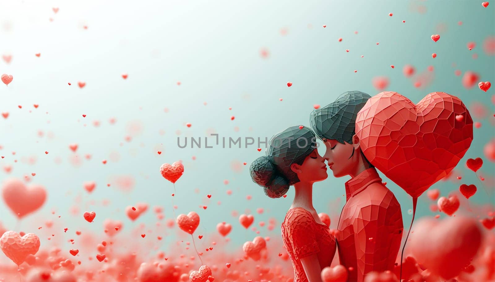 Love,tenderness and romantic feeling concept. Happy Valentine's Day. Young couple in love holding a red heart, Cute animation copy space Valentine's Day