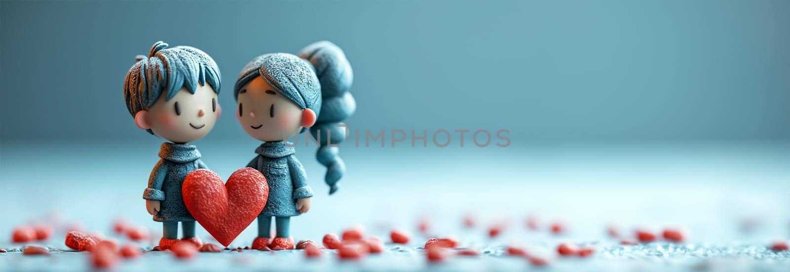 Love,tenderness and romantic feeling concept. Happy Valentine's Day. Young couple in love holding a red heart, Cute animation copy space by Annebel146