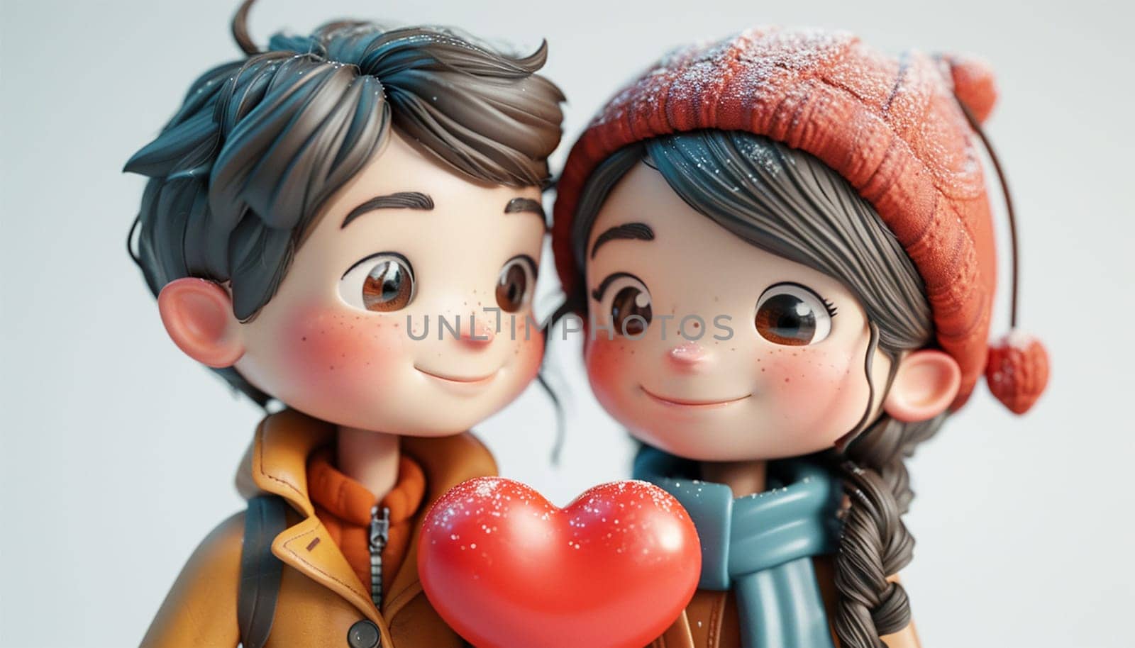 Love,tenderness and romantic feeling concept. Happy Valentine's Day. Young couple in love holding a red heart, Cute animation copy space Valentine's Day