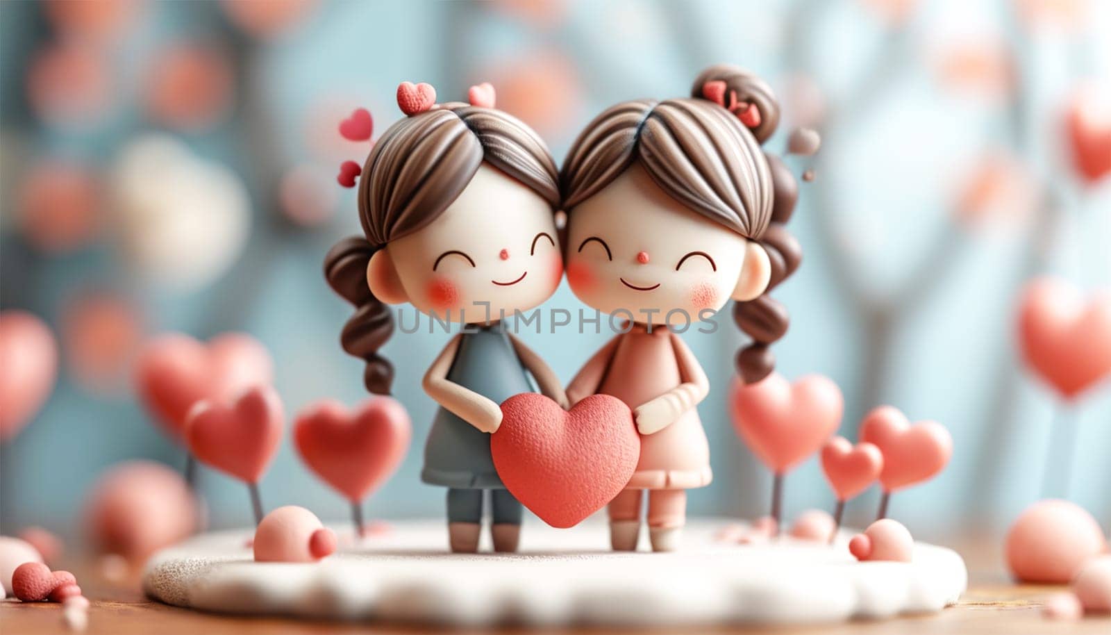 Two girls in Love,tenderness and romantic feeling concept. Happy Valentine's Day. Young couple in love holding a red heart, Cute animation copy space by Annebel146
