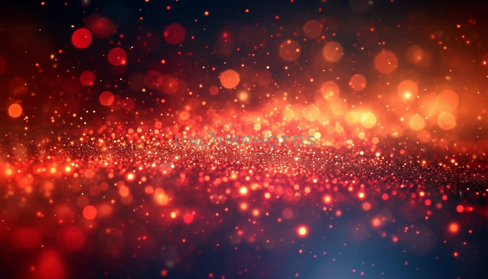 Gold and red particles waves glittering. Red sparkles glitter and rays lights bokeh abstract holiday background texture. Festive abstract design copy space