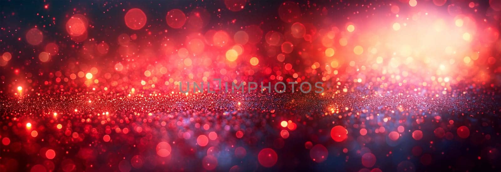 Banner Gold and red particles waves glittering. Red sparkles glitter and rays lights bokeh abstract holiday background texture. Festive abstract design by Annebel146