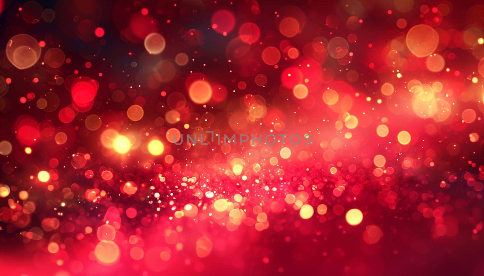 Gold and red particles waves glittering. Red sparkles glitter and rays lights bokeh abstract holiday background texture. Festive abstract design copy space