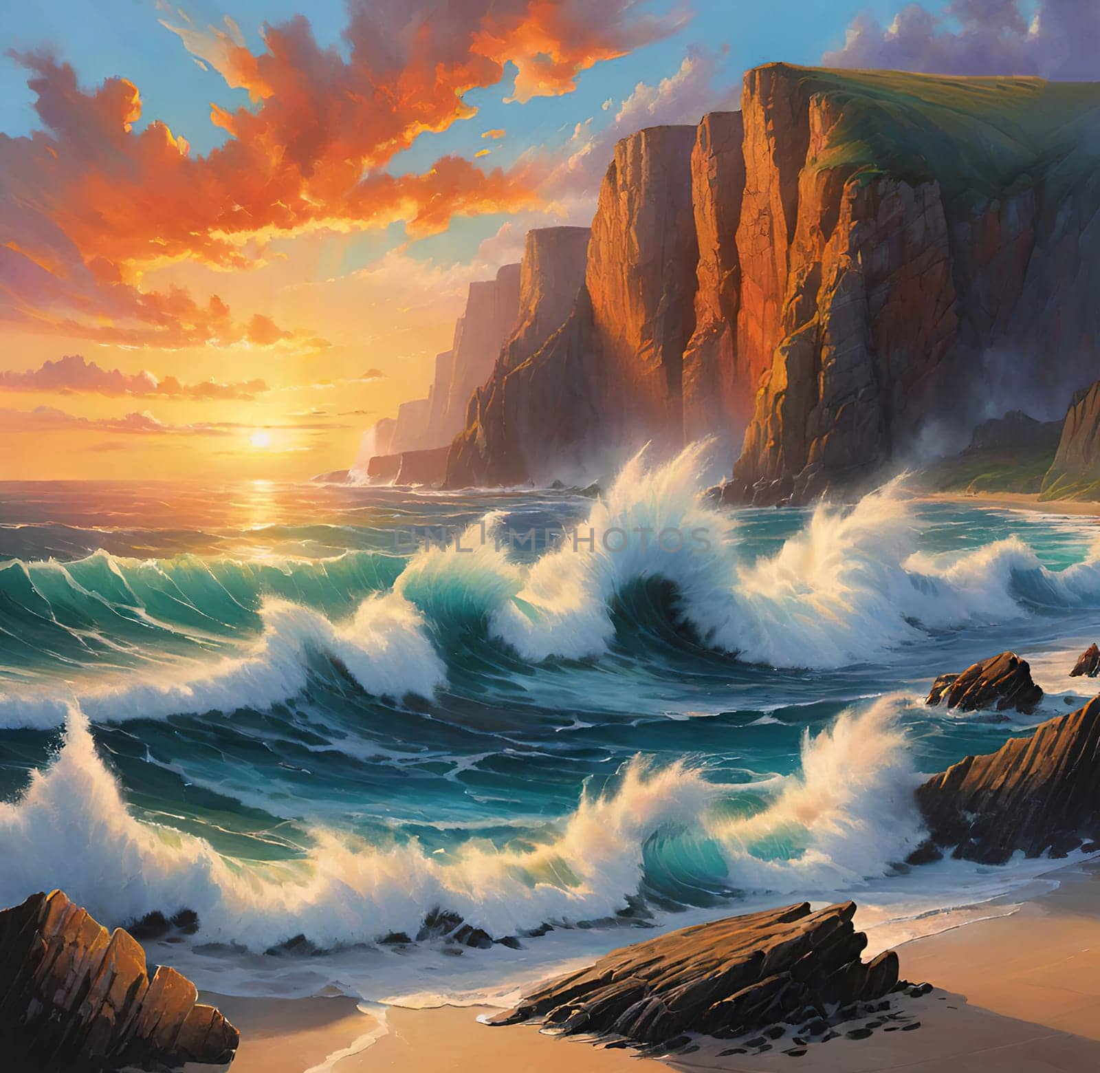 Fantasy seascape. Colorful sunset over ocean. Beautiful seascape with ocean waves and cliffs at sunset.Digital painting.Beautiful seascape at sunset.