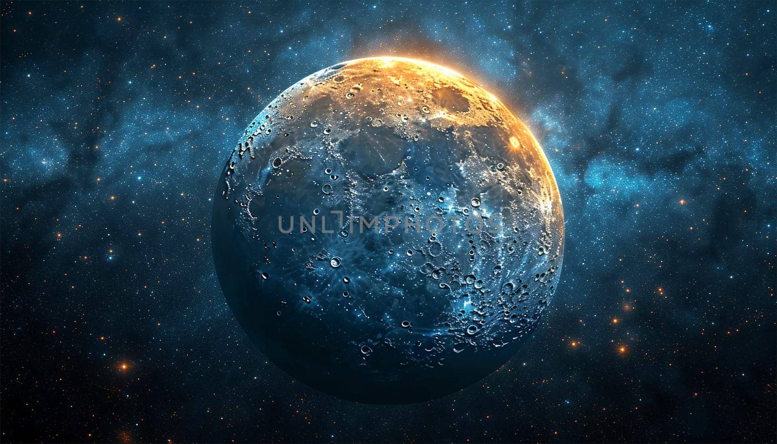 Universe space milky way galaxy with moon. The infinite deep space cosmos. Grainy texture and soft-focus background. Night sky Milky way with full Moon and universe. Copy space Space for text