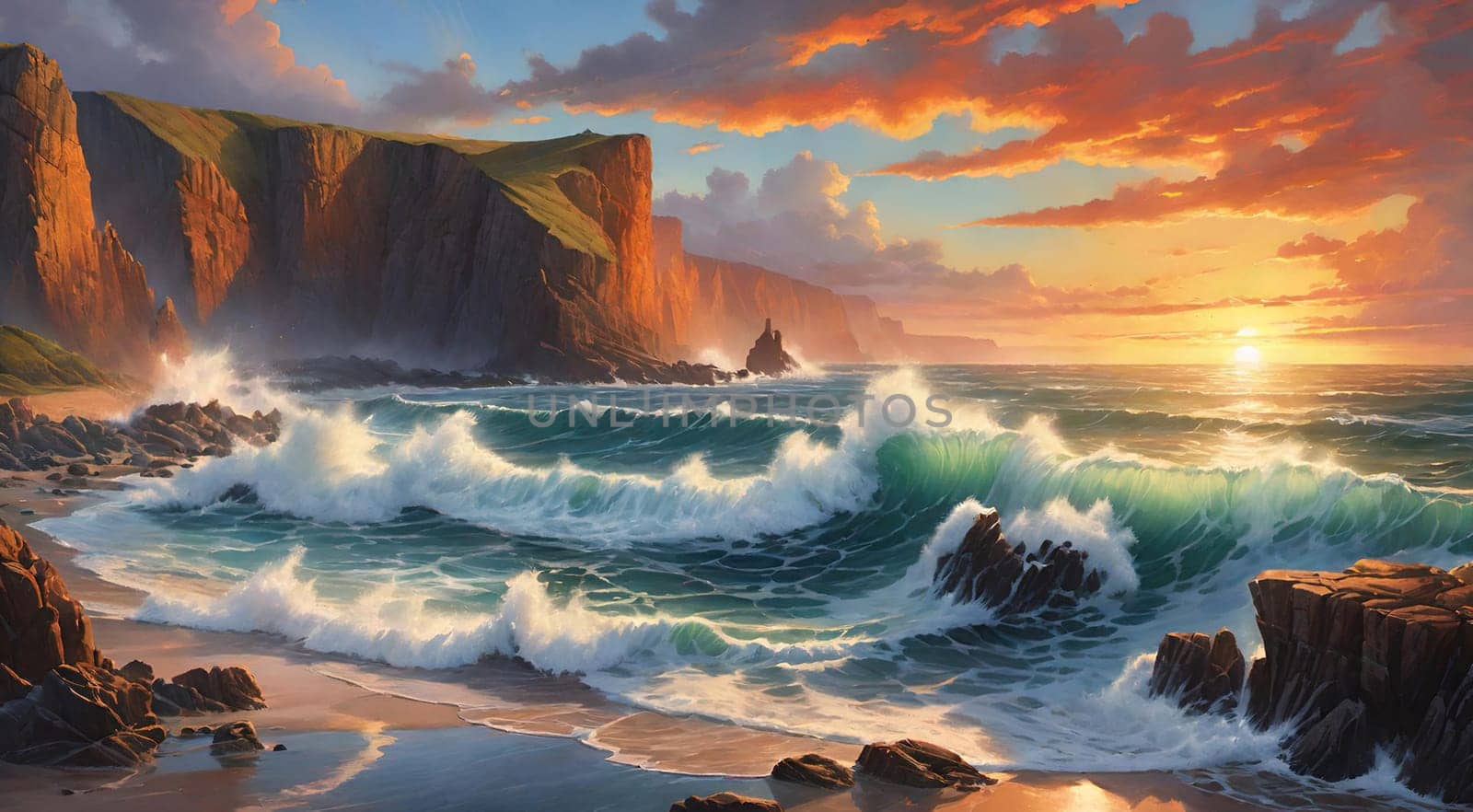 Fantasy seascape. Colorful sunset over ocean. Beautiful seascape with ocean waves and cliffs at sunset.Digital painting.Beautiful seascape at sunset.