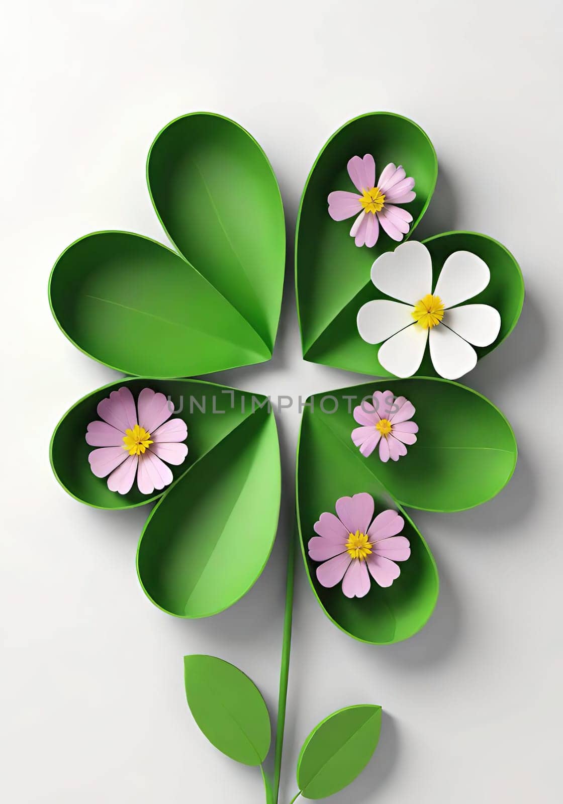 Clover with flowers on background. 3d illustration.3d render of four leaf clover with flower .clover leaf with flower.