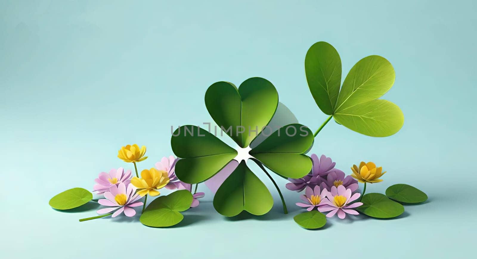 Clover with flowers on background. 3d illustration.3d render of four leaf clover with flower .clover leaf with flower.