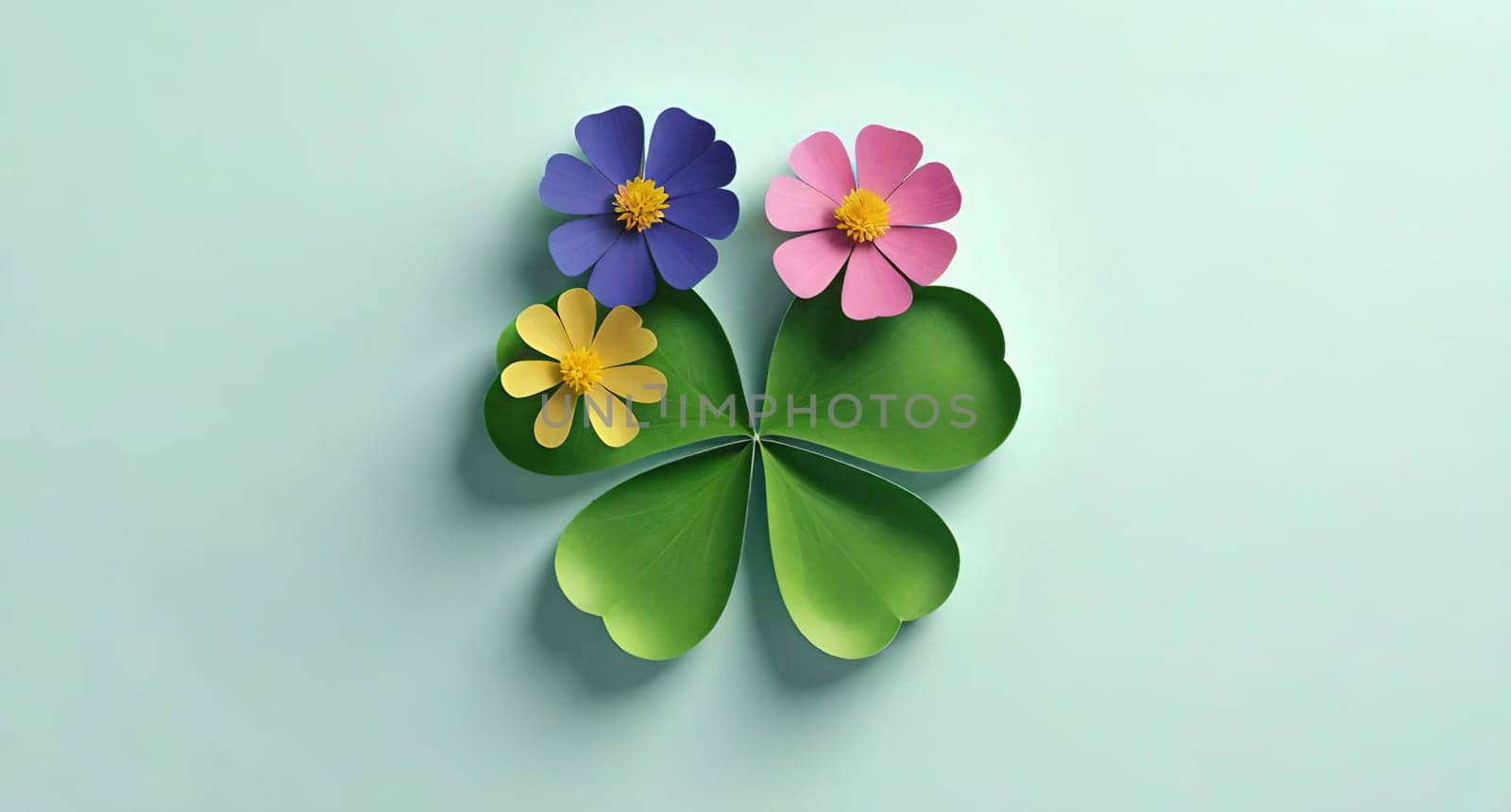 Clover with flowers on background. 3d illustration.3d render of four leaf clover with flower .clover leaf with flower.