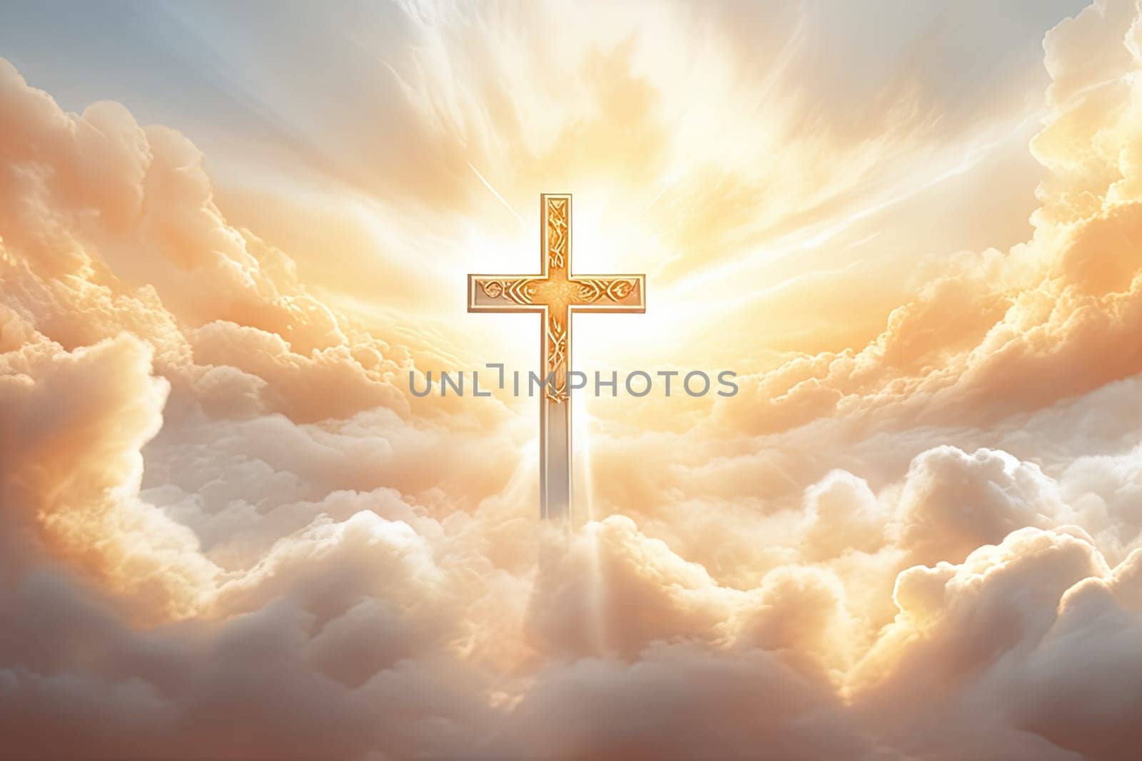 Christian cross and divine light through the clouds around cross in sky, enchanting light and peach fuzz tones on heaven by Clara_Sh