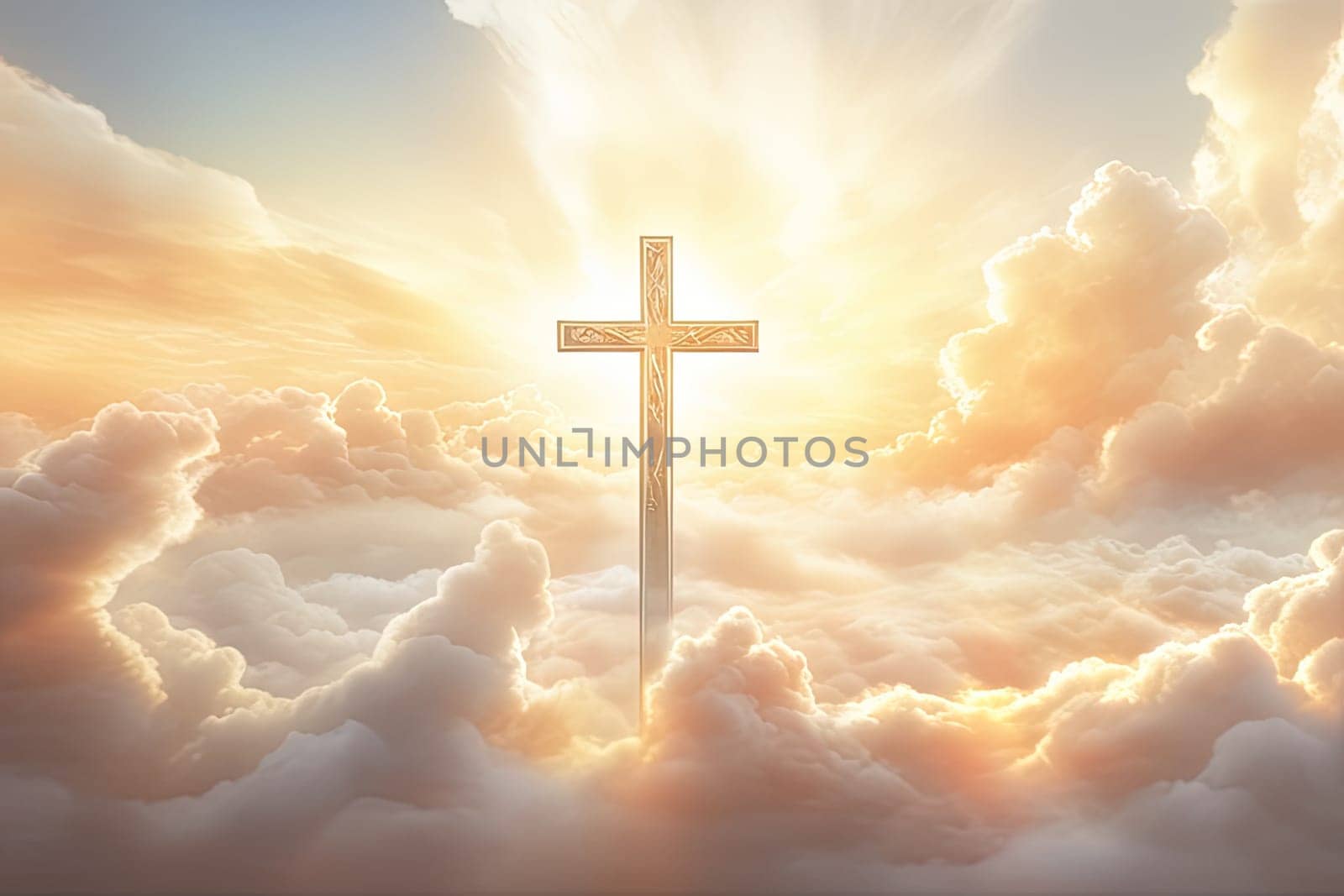 Christian cross and divine light through the clouds around cross in sky, enchanting light and peach fuzz tones on heaven by Clara_Sh