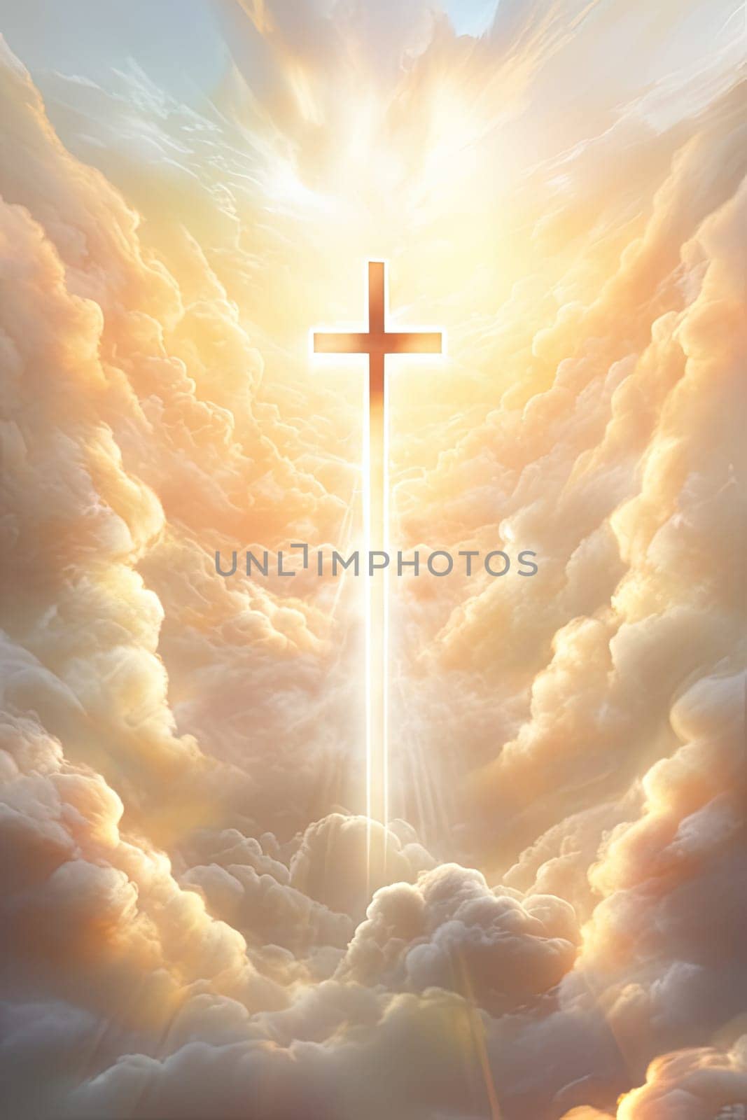 Christian cross and divine light through the clouds around cross in sky, enchanting light and peach fuzz tones on heaven, religion concept, vertical image