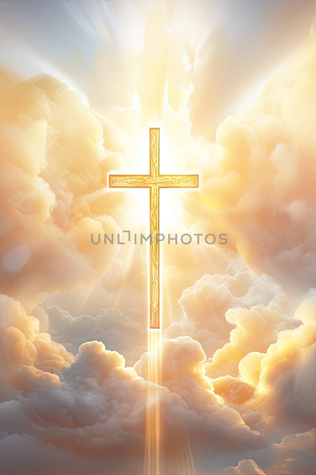 Christian cross and divine light through the clouds around cross in sky, enchanting light and peach fuzz tones on heaven, religion concept, vertical image