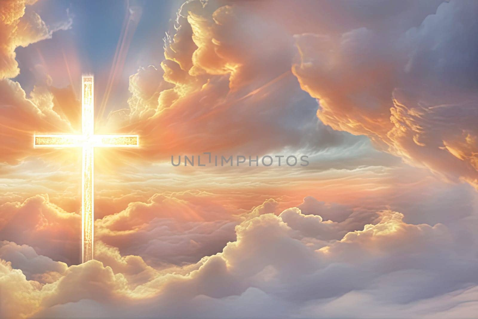 Christian cross and divine light through the clouds in sky, enchanting light and peach fuzz tones on heaven, religion concept