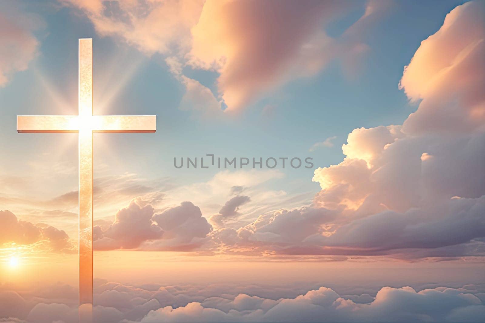 Christian cross and divine light through the clouds in sky, enchanting light on heaven, religion concept by Clara_Sh