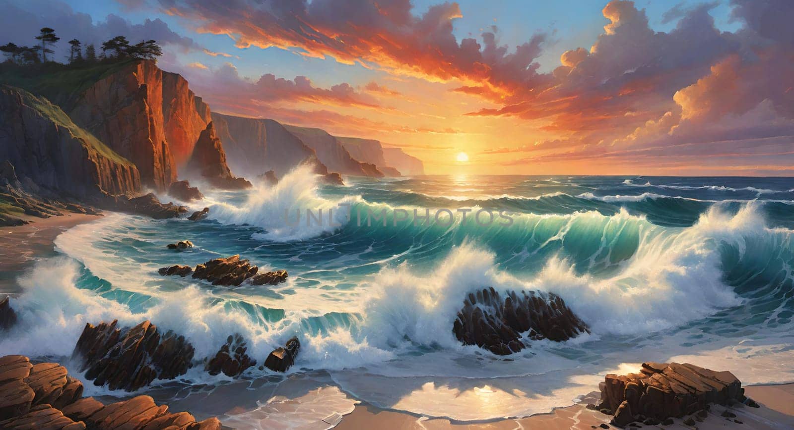 Fantasy seascape. Colorful sunset over ocean. Beautiful seascape with ocean waves and cliffs at sunset.Digital painting.Beautiful seascape at sunset.