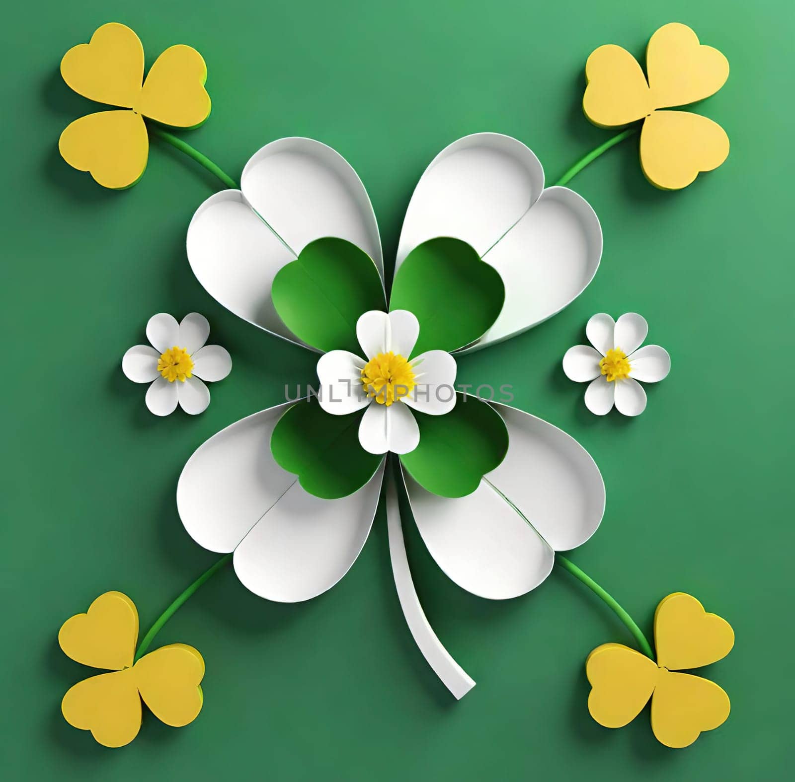 Clover with flowers on background. 3d illustration.3d render of four leaf clover with flower .clover leaf with flower.