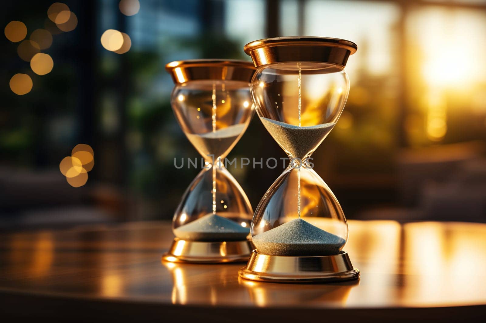 Elegant hourglass on a wooden surface with golden bokeh background.