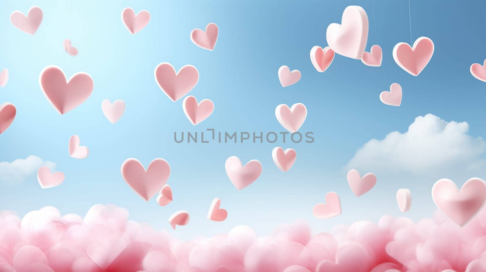 Horizontal blue sky background with pink paper hearts. Valentine's Day concept. Generated by artificial intelligence by Vovmar