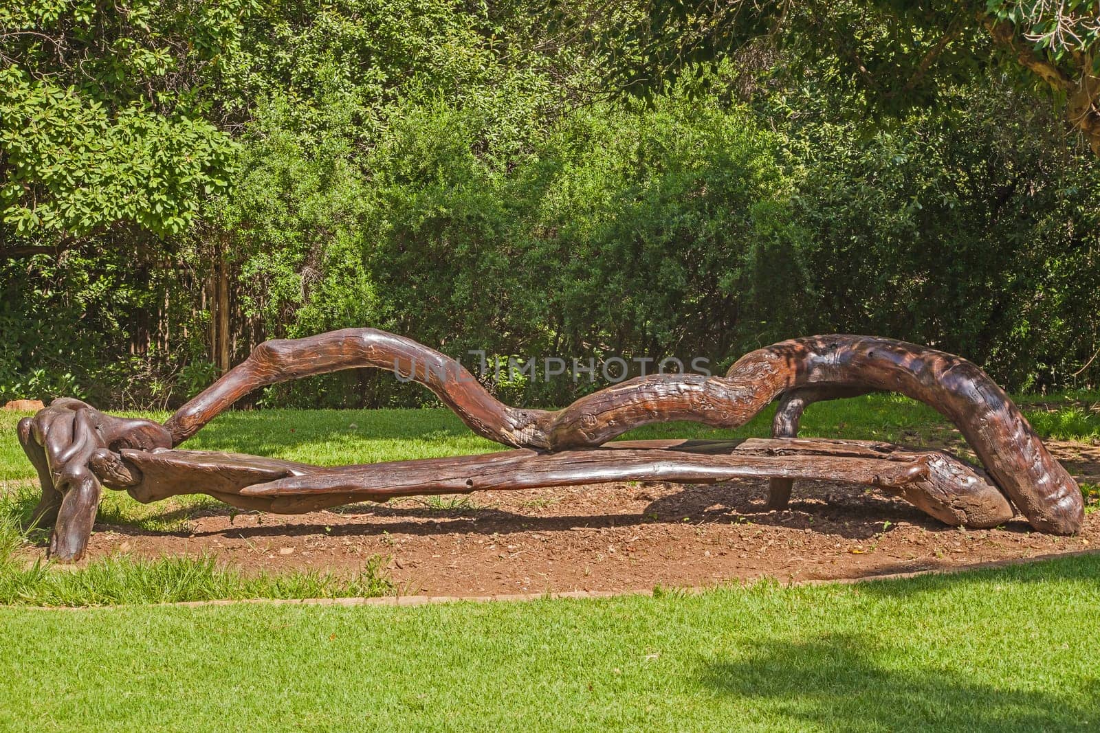 A rustic bench made from tree trunks in the Walter Sisulu Botanical Gardens, Johannesburg South Africa