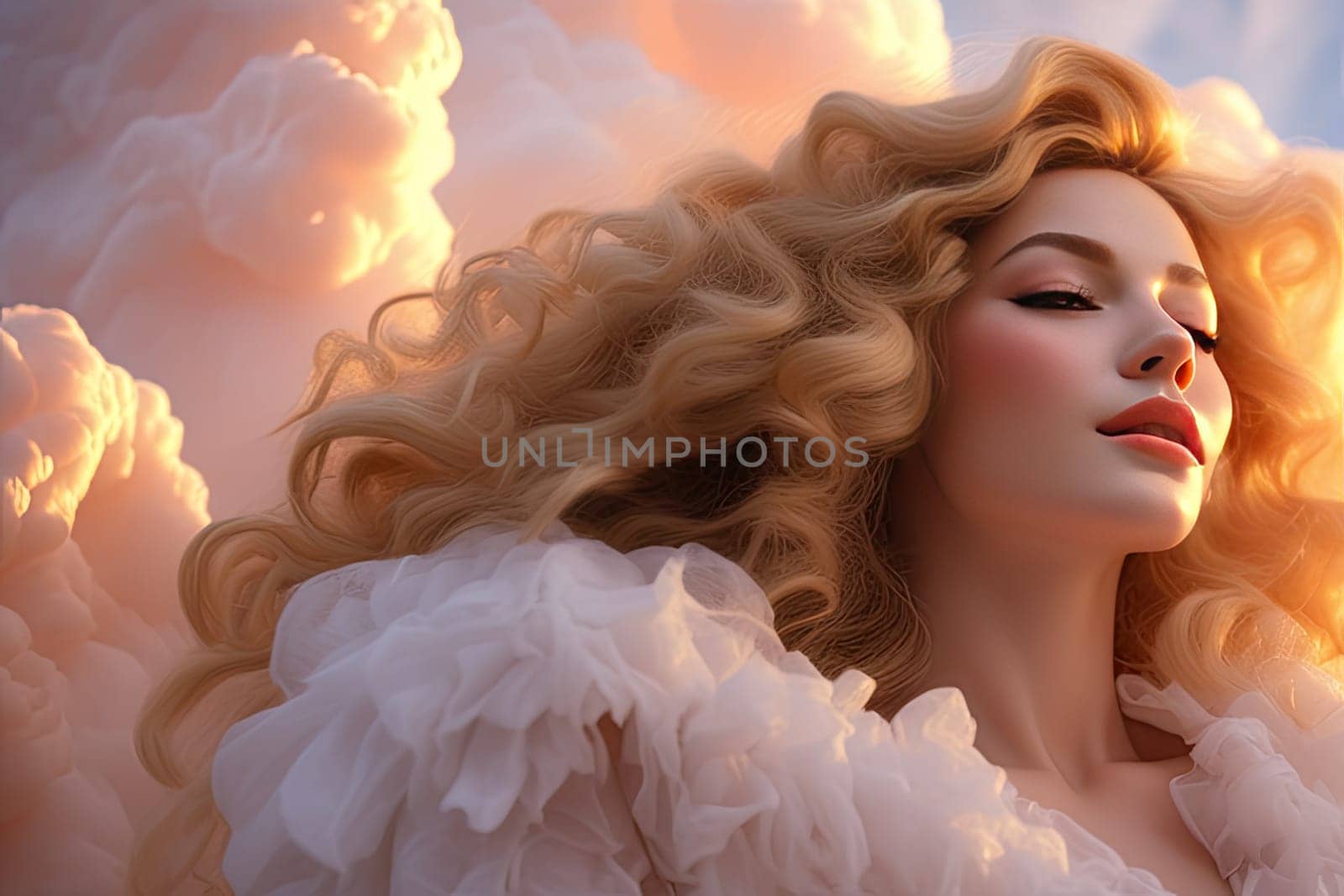 Airy art of enchanting woman in ruffle dress with curly hair on clouds sky, low angle by Clara_Sh