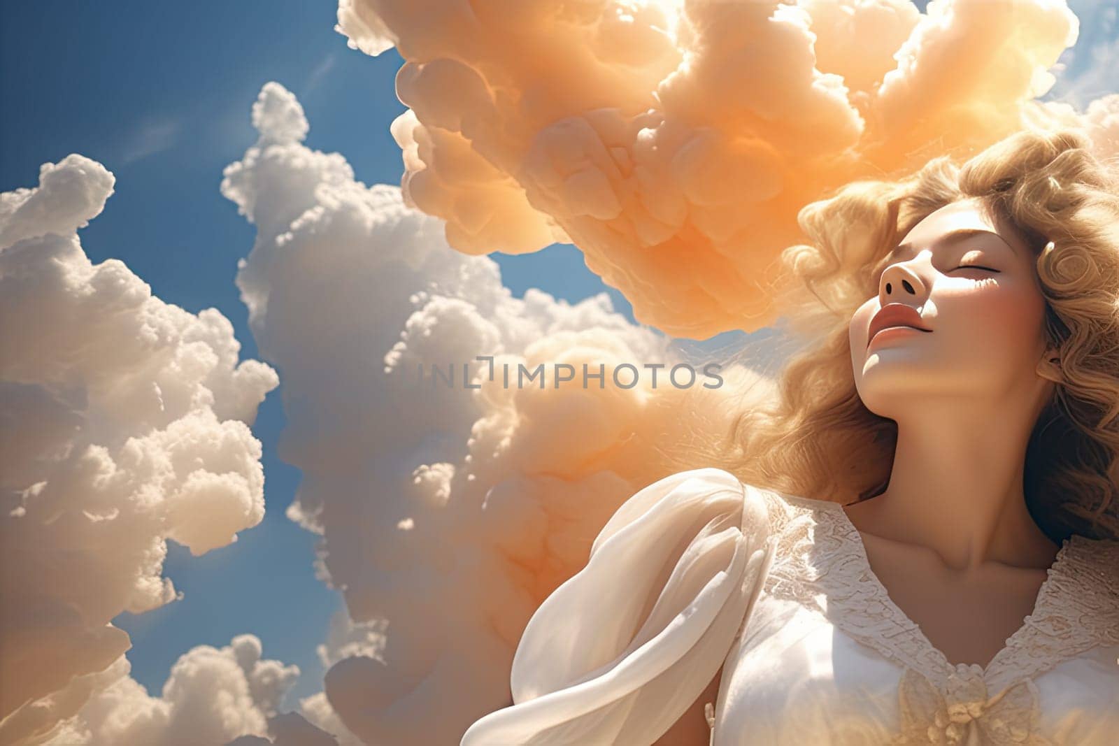 Airy art portrait of enchanting woman in white dress with curly hair on clouds sky, low angle