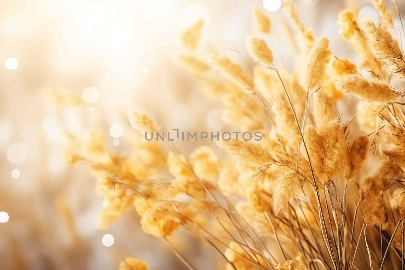 Abstract natural background with fluffy stems of tall grass on a bokeh background. Dry soft grass.