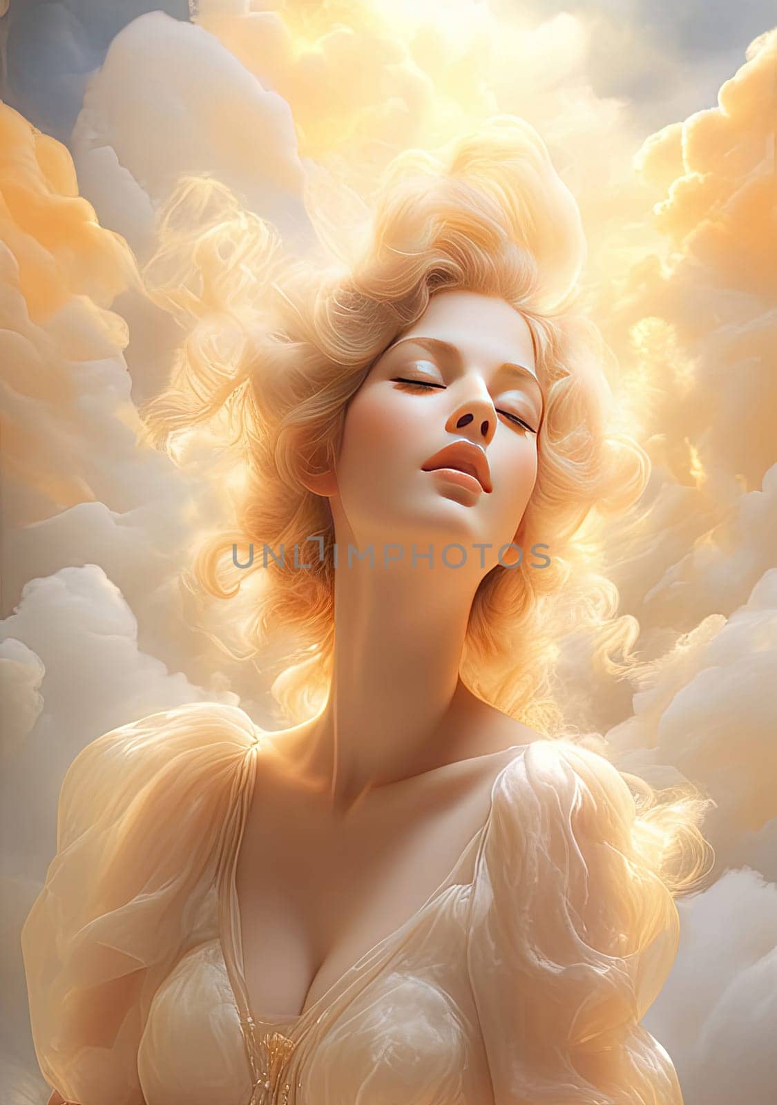 Airy art portrait of enchanting goddess woman with divine light on clouds sky in Renaissance style, tender peach fuzz tone, vertical image