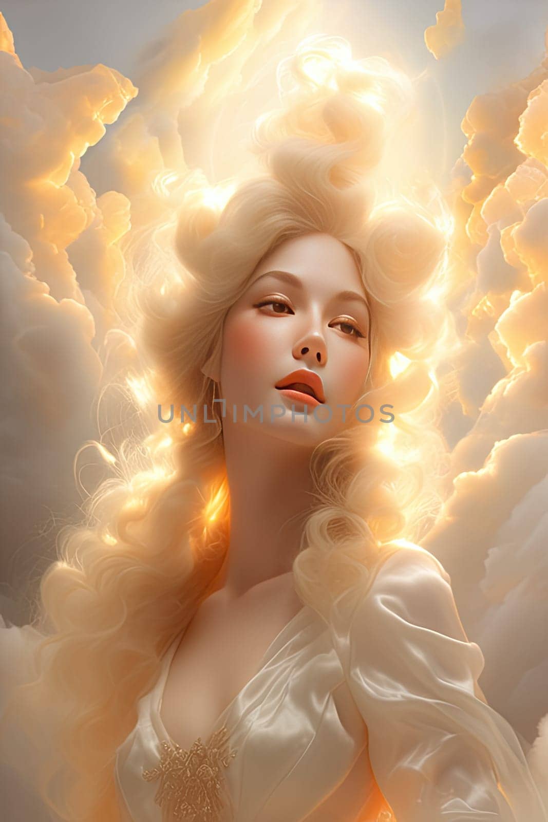 Airy art of enchanting goddess woman with divine light on clouds sky in Renaissance style, tender peach fuzz tone by Clara_Sh