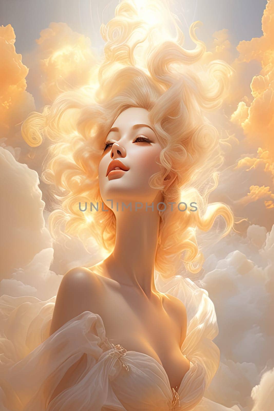 Airy art portrait of enchanting goddess woman with divine light on clouds sky in Renaissance style, tender peach fuzz tone, vertical image