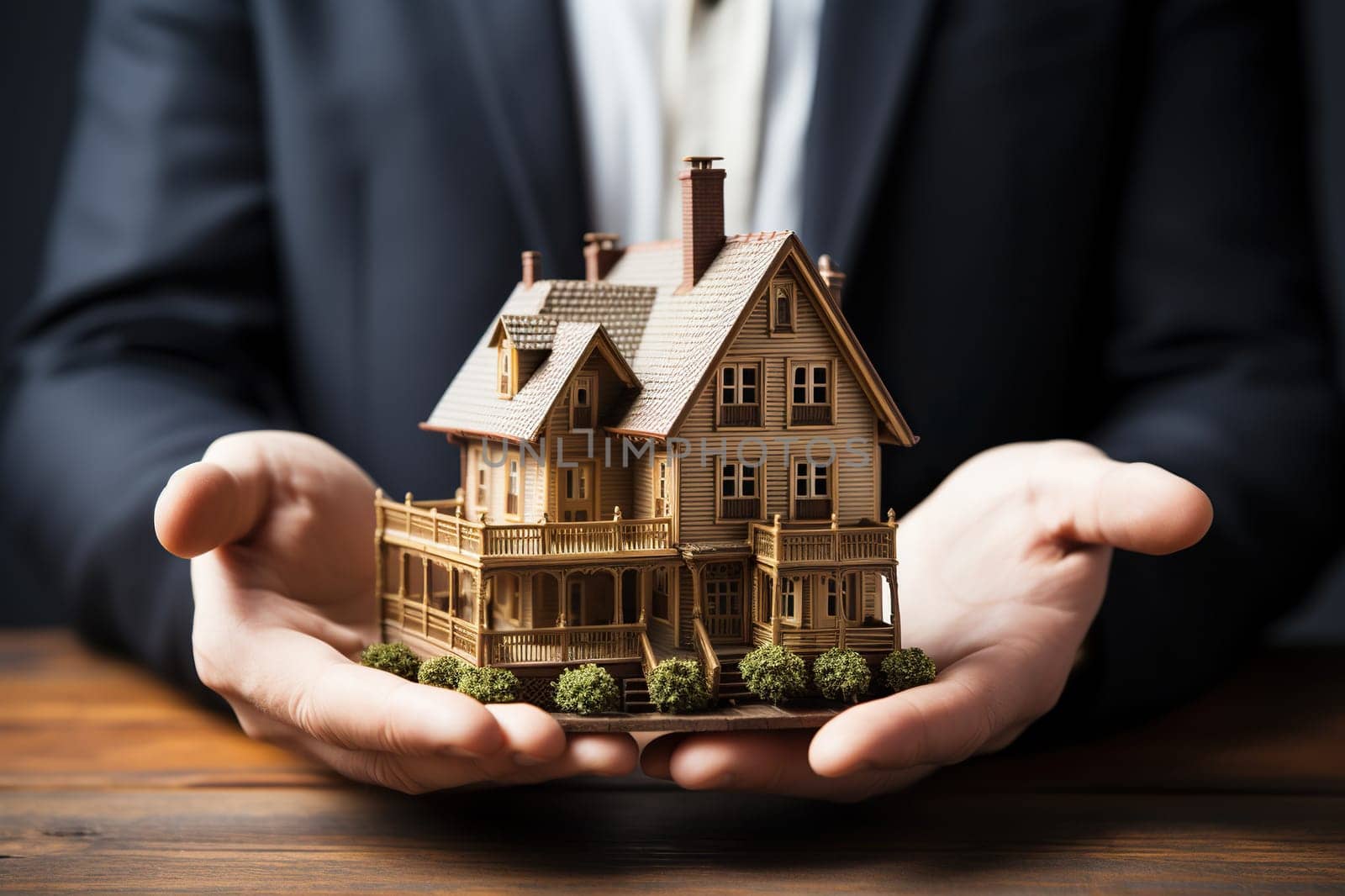 A model of a house in the hands of a man in a business suit. The concept of purchasing, building housing.