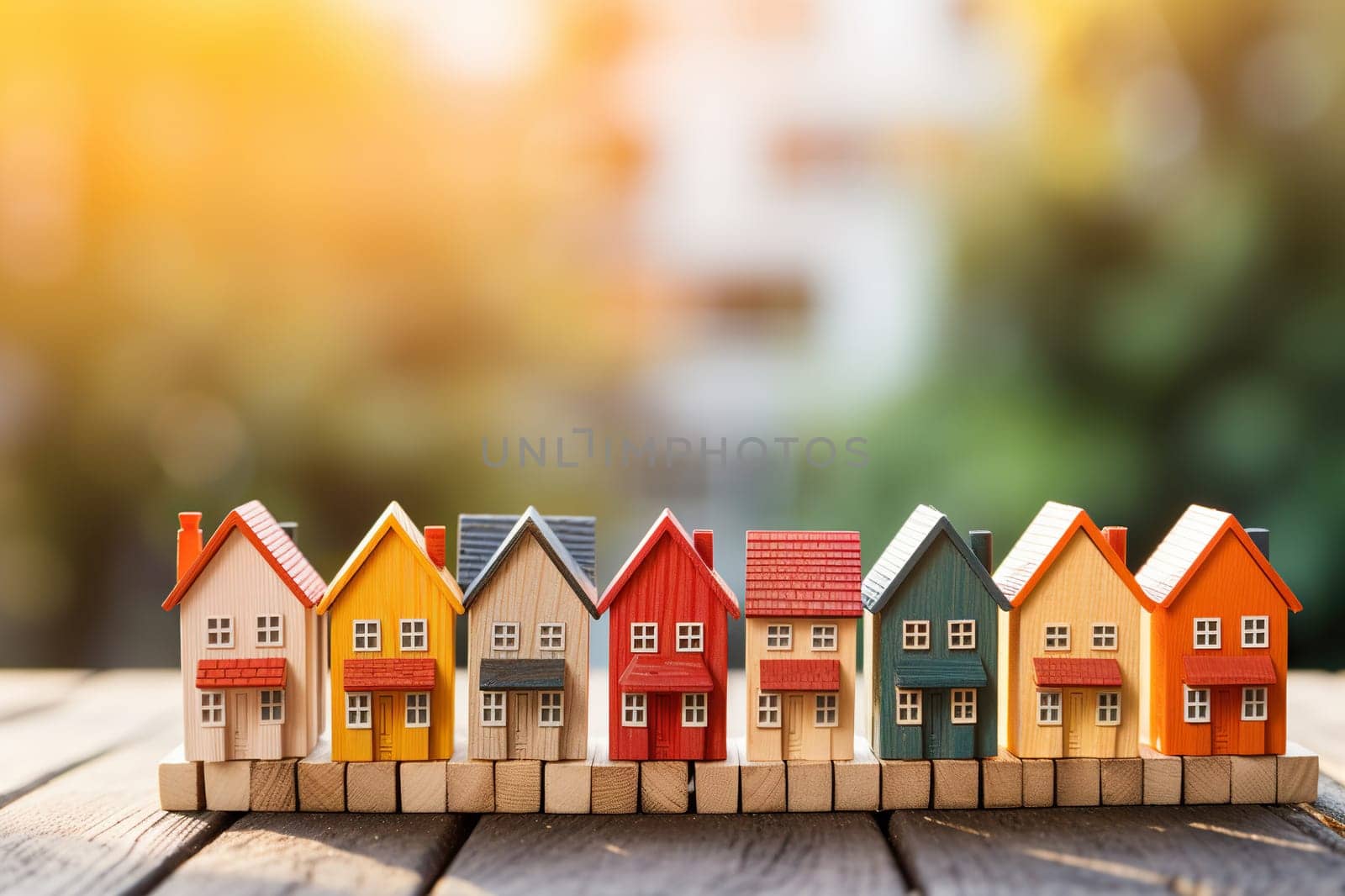 Small wooden house models on a wooden surface with bokeh phonemes. The concept of searching, buying a home. Generated by artificial intelligence by Vovmar