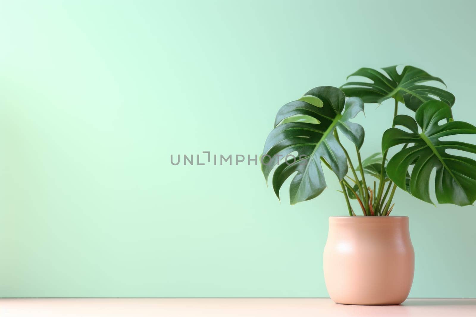 A monstera plants isolated pastel background Copy space. Generative AI.