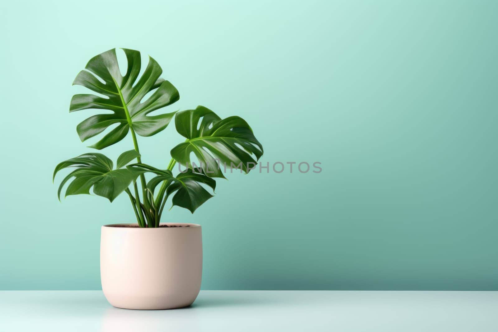 A monstera plants isolated pastel background Copy space. Generative AI.