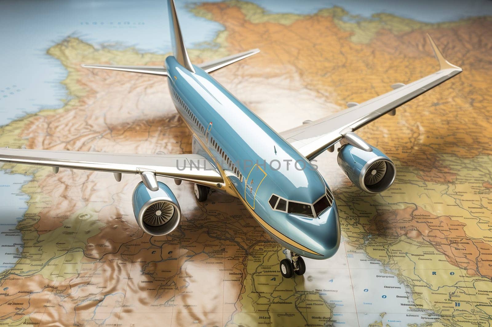 Air Transport. A model of a passenger plane stands on a world map on the table.