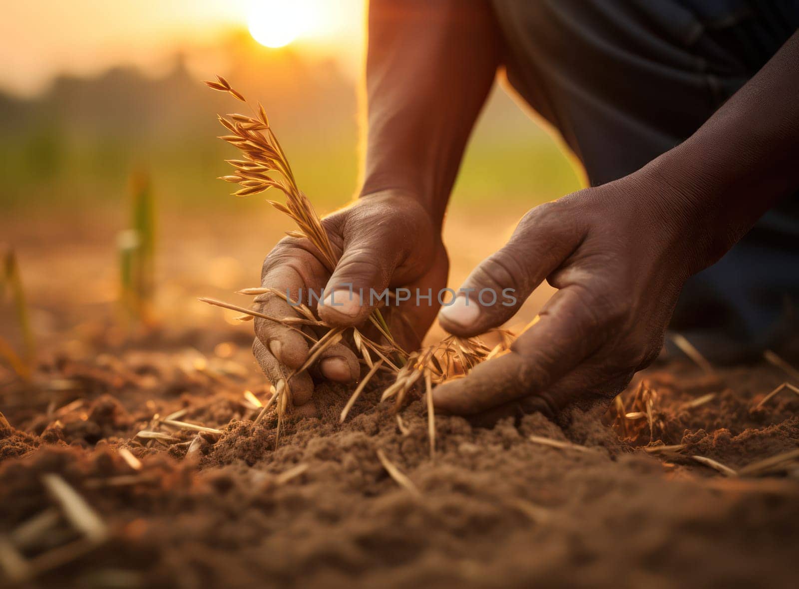 Organic Growth: A Farmer's Hands Planting in a Green Field at Sunset