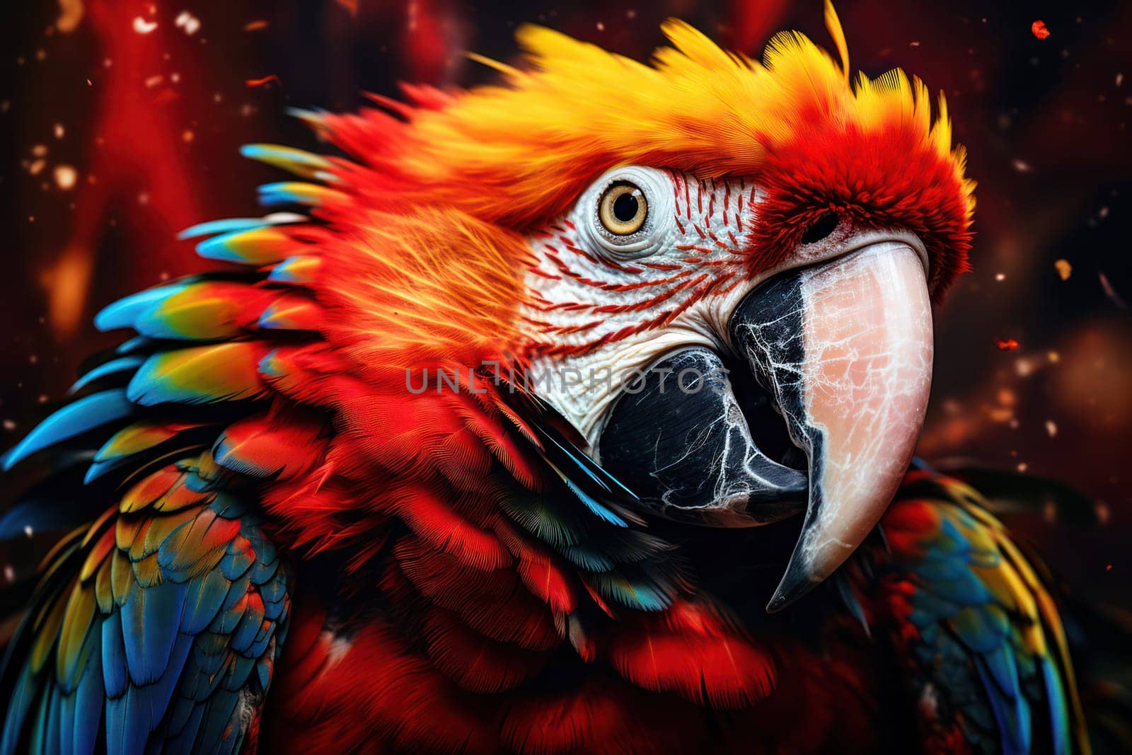 Vibrant Exotic Parrot Portrait with Beautiful Feather Colours and Bright Red Beak on Green Tropical Background by Vichizh