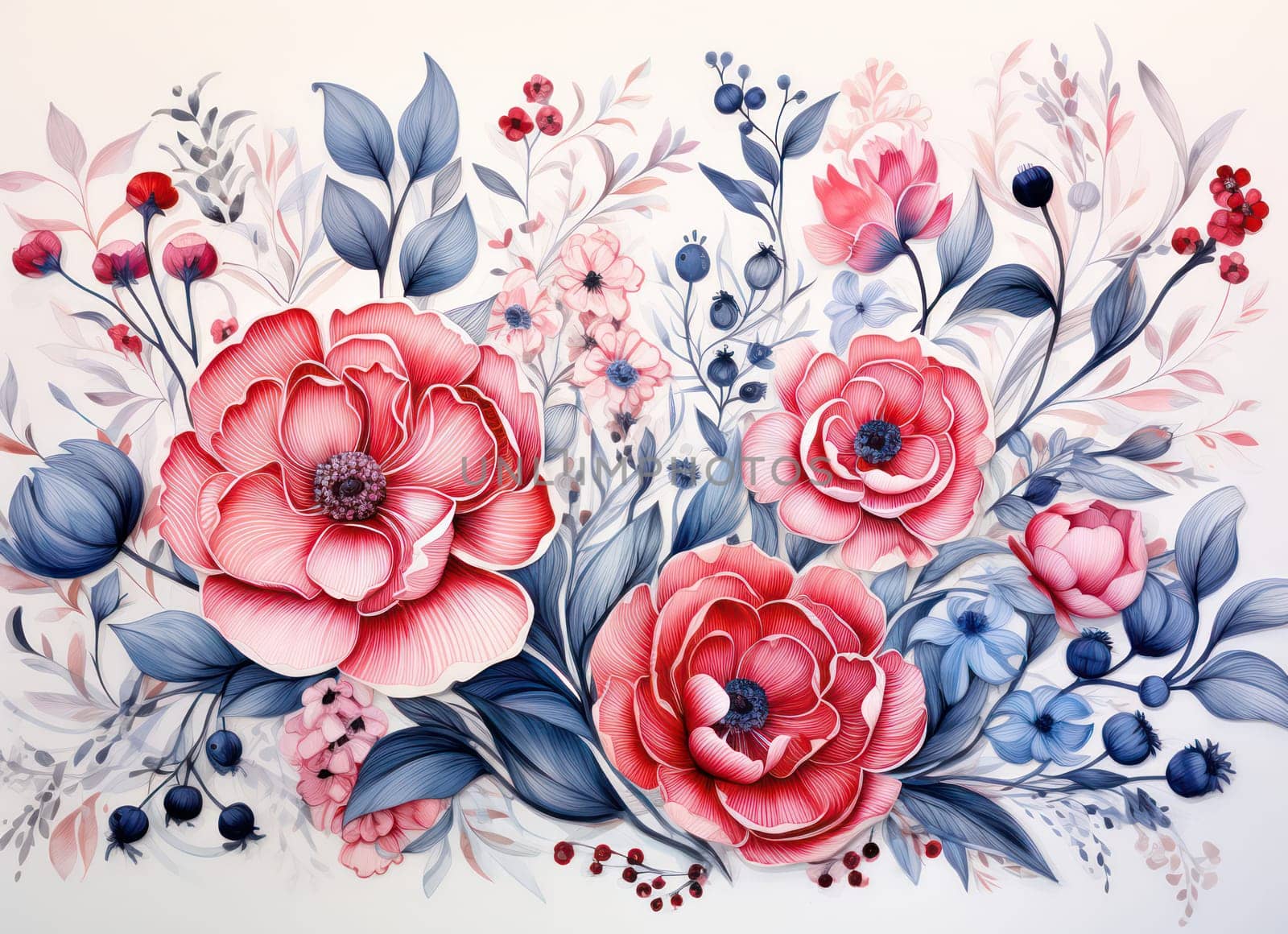 Floral Watercolor Bliss: A Blossoming Garden of Vintage Rose Bouquets on a Romantic Pink and White Seamless Wallpaper by Vichizh
