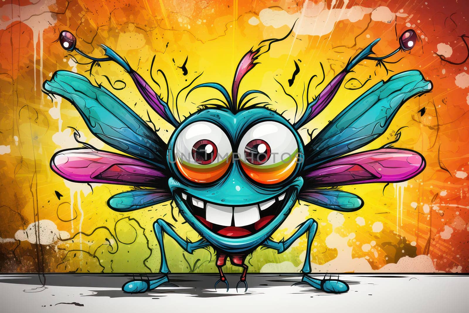 Quirky Winged Creature: Funny Cartoon Illustration of a Cute Insect Character with Green Wings, Eye-catching Design, and Colorful Background. by Vichizh