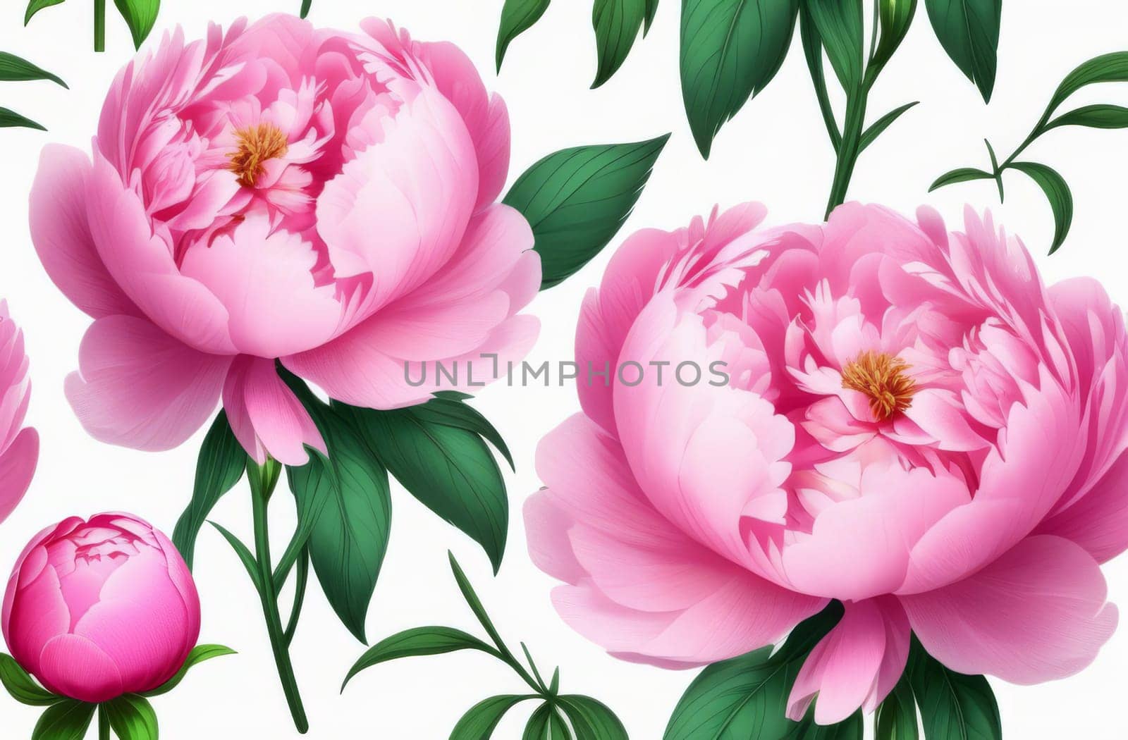 Pink peony flowers pattern on white background. by Godi