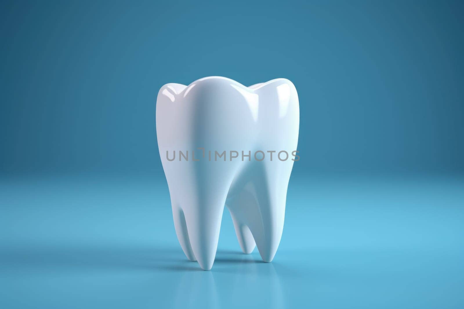 Tooth on blue backdrop with copy space. Generative AI.